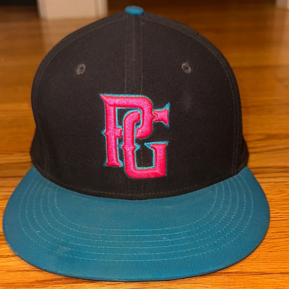 PG Perfect Game Baseball Black and Teal Fitted Hat with Hot Pink Logo